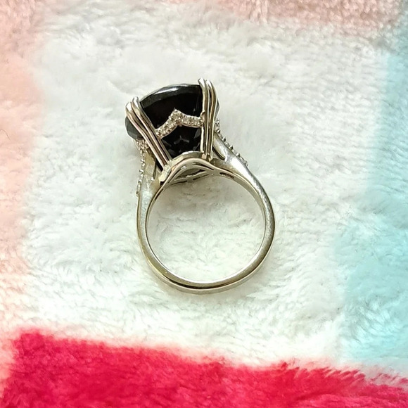 Black Tourmaline & White Zircon Ring In 925 Sterling Silver - Picture 5 of 6